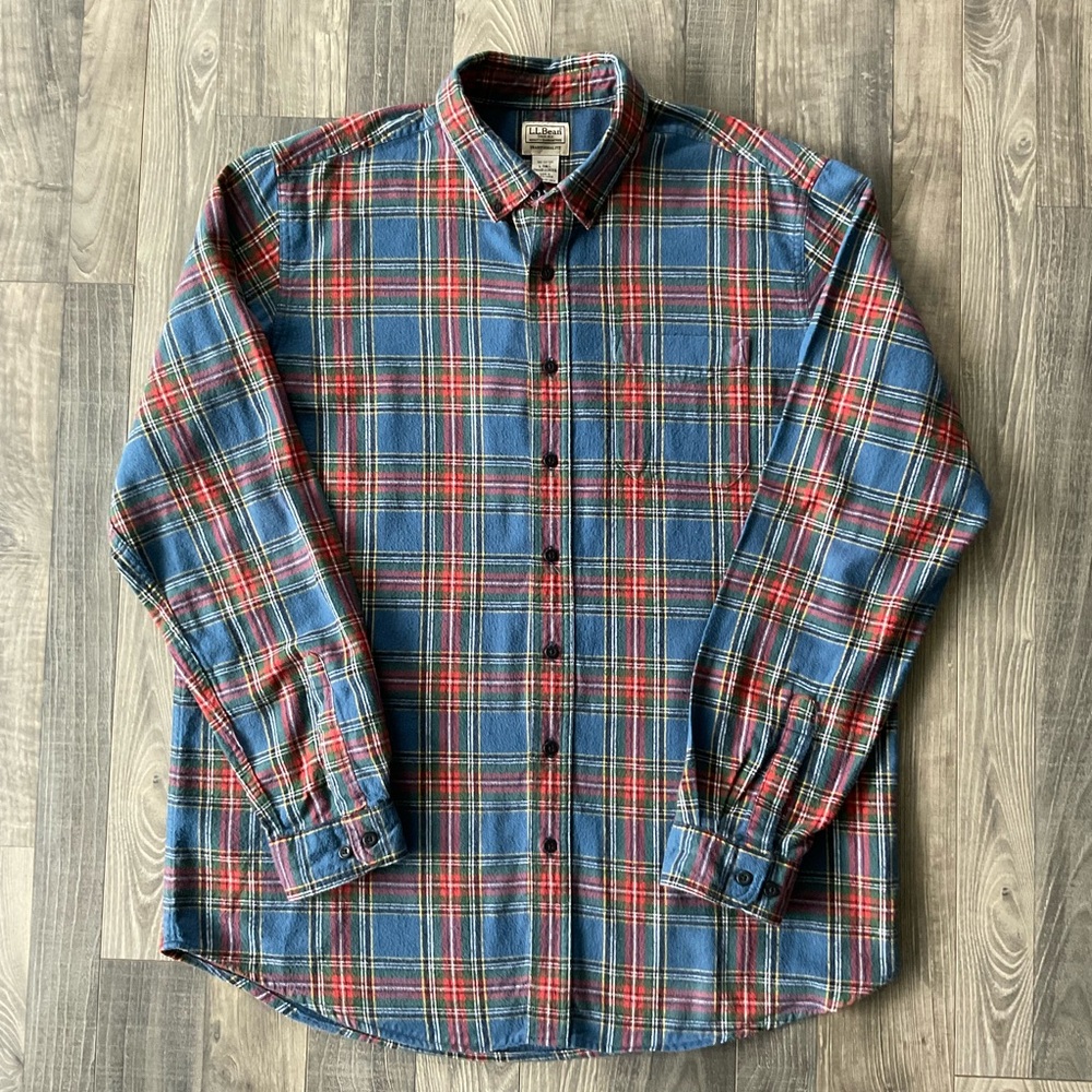 LL Bean Scotch Flannel Shirt Men’s Large TALL Blue Red White Yellow Plaid 228066